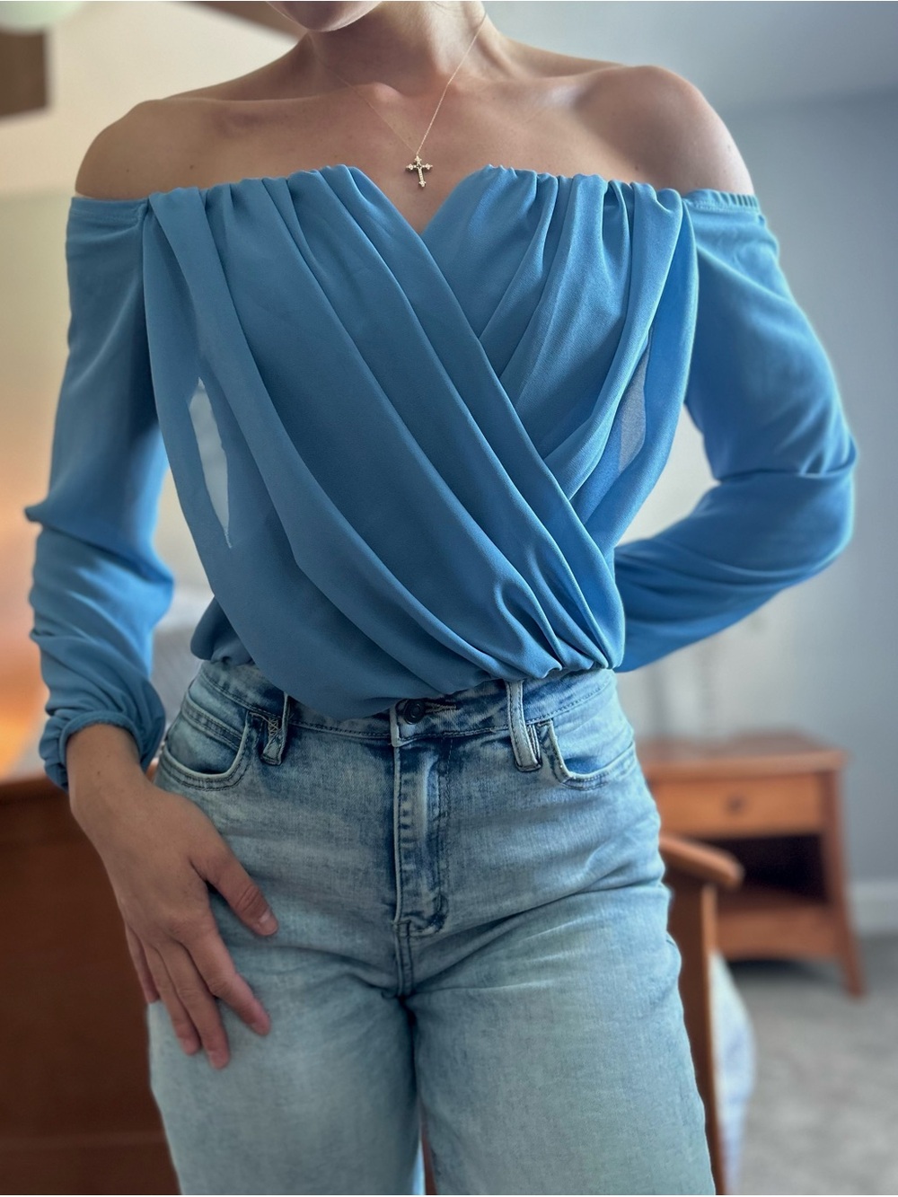Windsor Sky-Blue Off-Shoulder Wrap Blouse